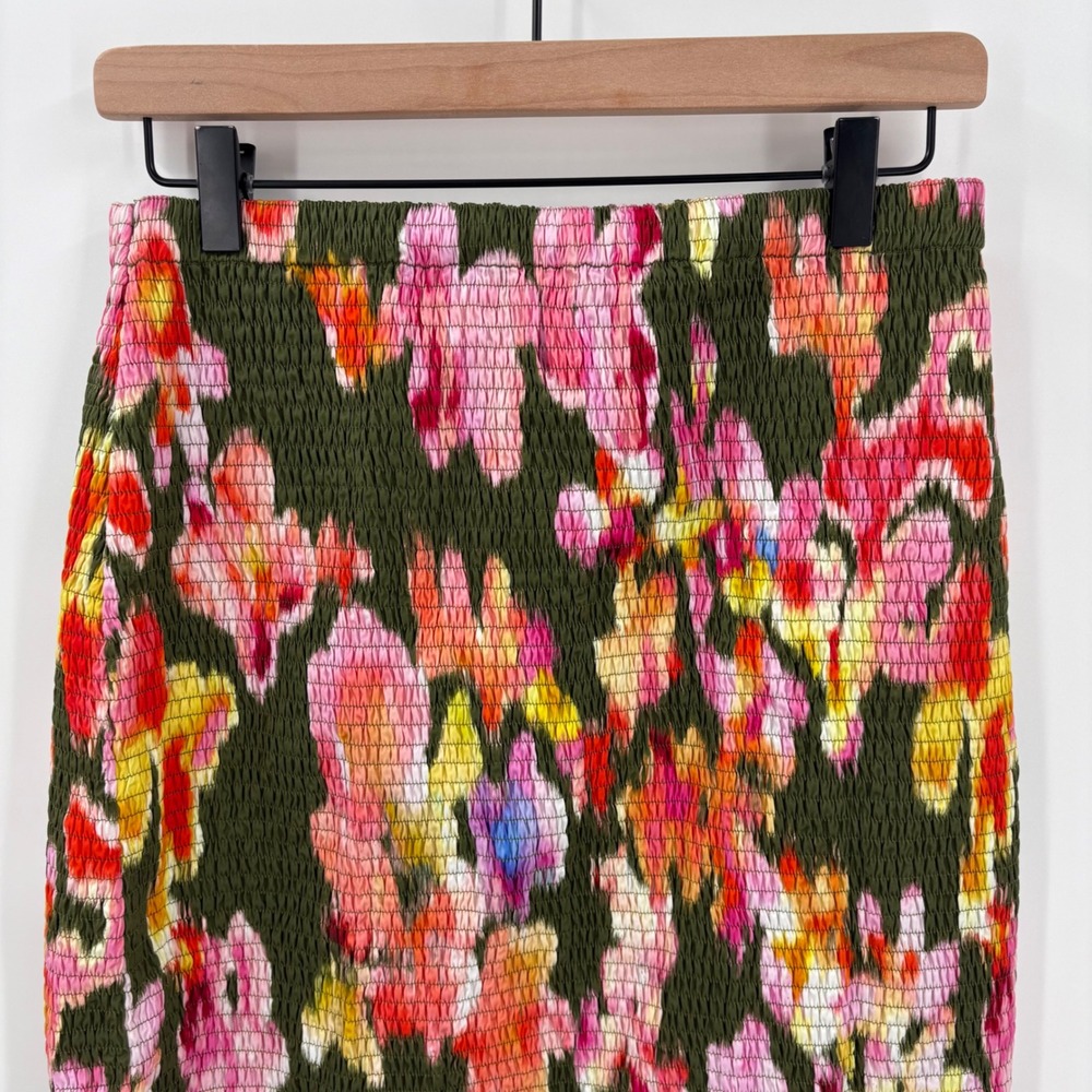 La Ligne Smocked Midi Skirt Olive Green Floral  Print 100% Cotton Medium - Picture 3 of 8